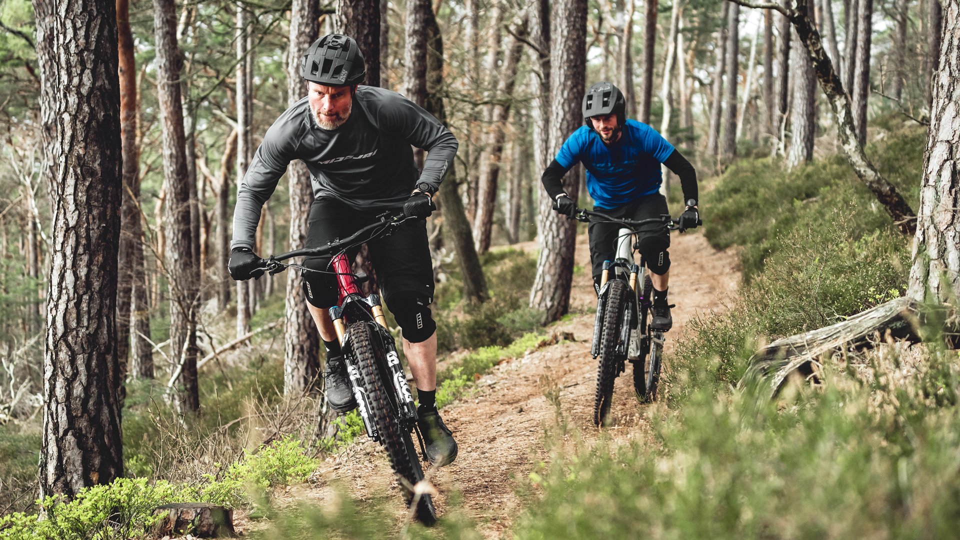 Hotel mit Fahrradverleih in Bayern gesucht? Zwei Männer fahren Mountainbike auf Waldweg
