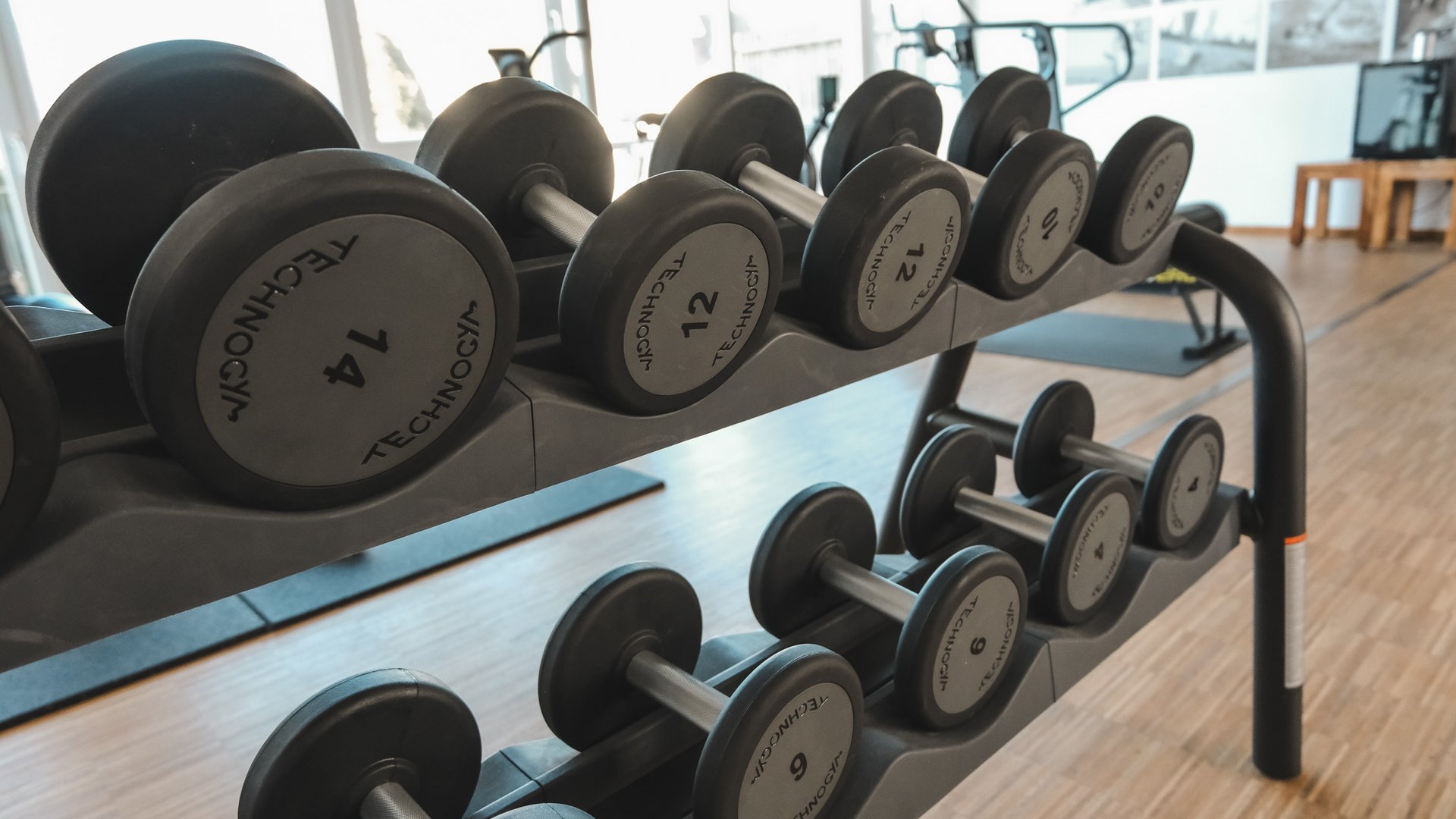 Fitnessraum Dumbbells of various weights in a gym