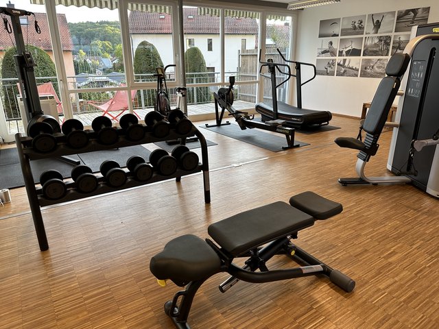 Romantik Hotel Hirschen: picture gallery Bright gym with dumbbells, bench, treadmill, and rowing machine by windows