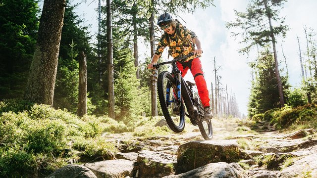 Hotel mit Fahrradverleih in Bayern gesucht? Mountainbiker springt mit Helm und roter Hose auf felsigem Waldweg