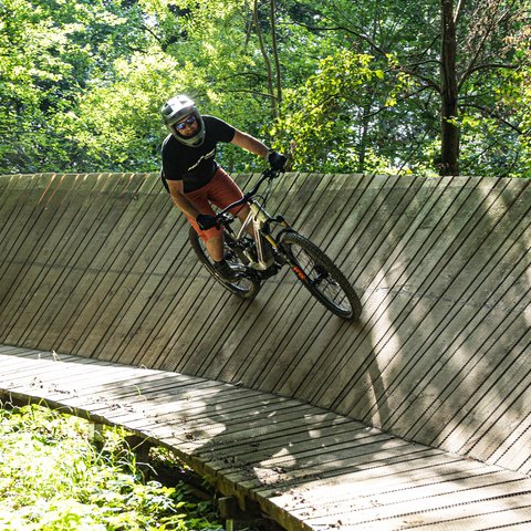 Looking for a hotel with bike rental in Bavaria? Mountain biker riding on a tilted wooden track in the forest