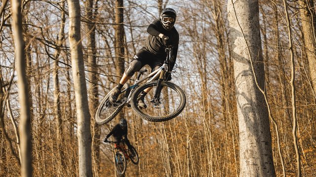 Golfurlaub Bayern: Platzhirsch oder Anfänger? Mountainbiker springt im Wald auf unbefestigtem Weg