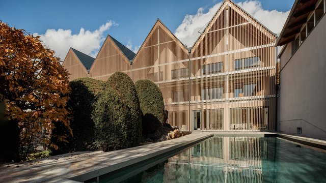 Revel in anticipation Modern building with wooden facade and pool in garden on sunny day