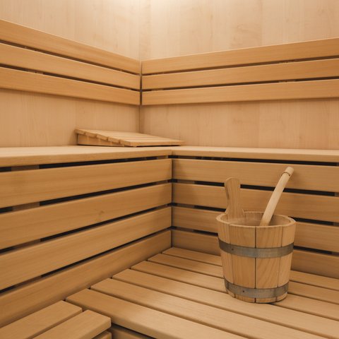 Day wellness in Upper Palatinate Empty sauna room with wooden benches and wooden bucket with ladle