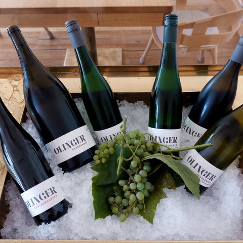 Guesthouse in Parsberg: A salute to great taste Wine bottles on ice with green grapes in a cooler box