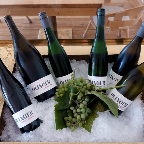 Gasthof Parsberg: Ein Gruß an den guten Geschmack Weinflaschen auf Eis mit grünen Trauben in einer Kühlbox