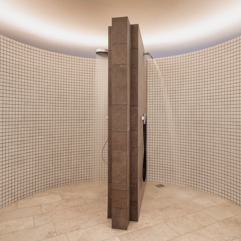 Day wellness in Upper Palatinate Round shower with two brown partitions and white tiled walls