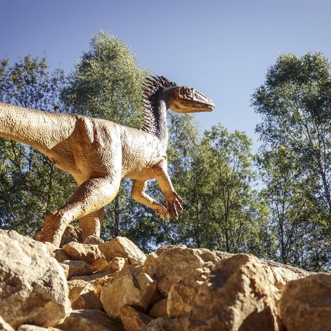 Hotels in Regensburg und Umgebung: kultur-trächtig! Dinosauriermodell steht auf Felsen bei sonnigem Himmel und Bäumen