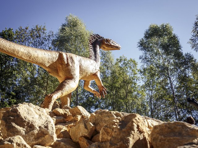 Romantik Hotel Hirschen: Bildergalerie Dinosauriermodell steht auf Felsen bei sonnigem Himmel und Bäumen