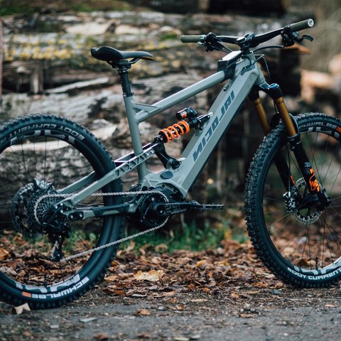 Looking for a hotel with bike rental in Bavaria? Gray full-suspension mountain bike parked near stacked logs in forest
