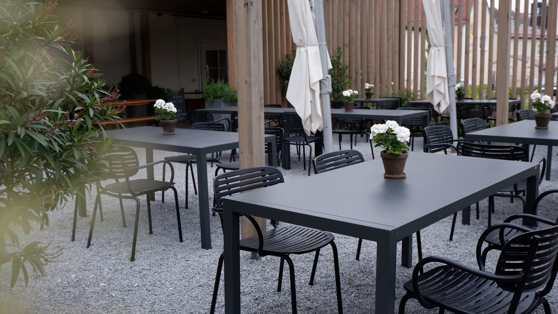Beer garden in Parsberg: HirschenBlobb Empty outdoor seating with black chairs and pots with white flowers