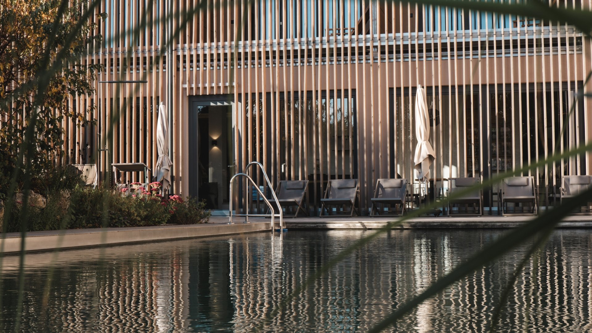 Home Swimming pool by modern building with wooden slats and lounge chairs