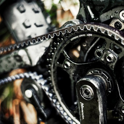 Looking for a hotel with bike rental in Bavaria? Close-up of a bike drivetrain with Carbon Drive belt