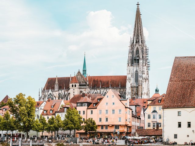 Romantik Hotel Hirschen: picture gallery Regensburg skyline with cathedral and historic buildings by river in daylight