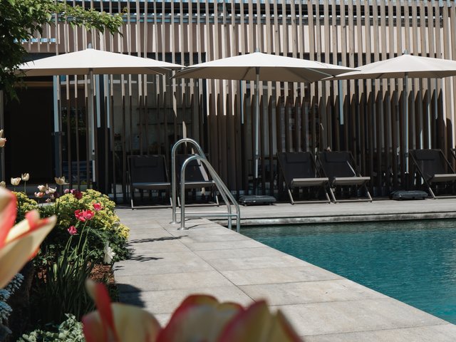Romantik Hotel Hirschen: Bildergalerie Poolbereich mit Liegestühlen, Sonnenschirmen und Blumen im Vordergrund