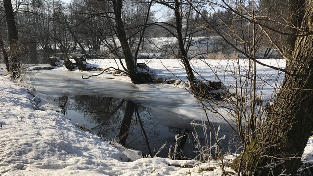 Romantik Hotel Hirschen: Blog Vereister Fluss in einer schneebedeckten Winterlandschaft mit kahlen Bäumen