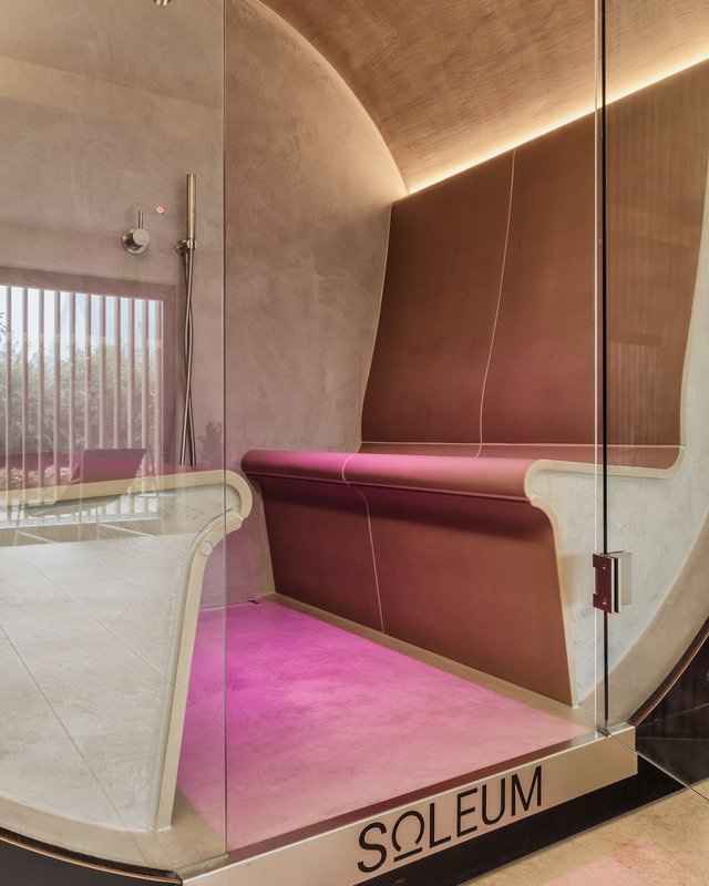Inclusive services: Everything a stag could want. Modern steam room with curved benches and LED lighting