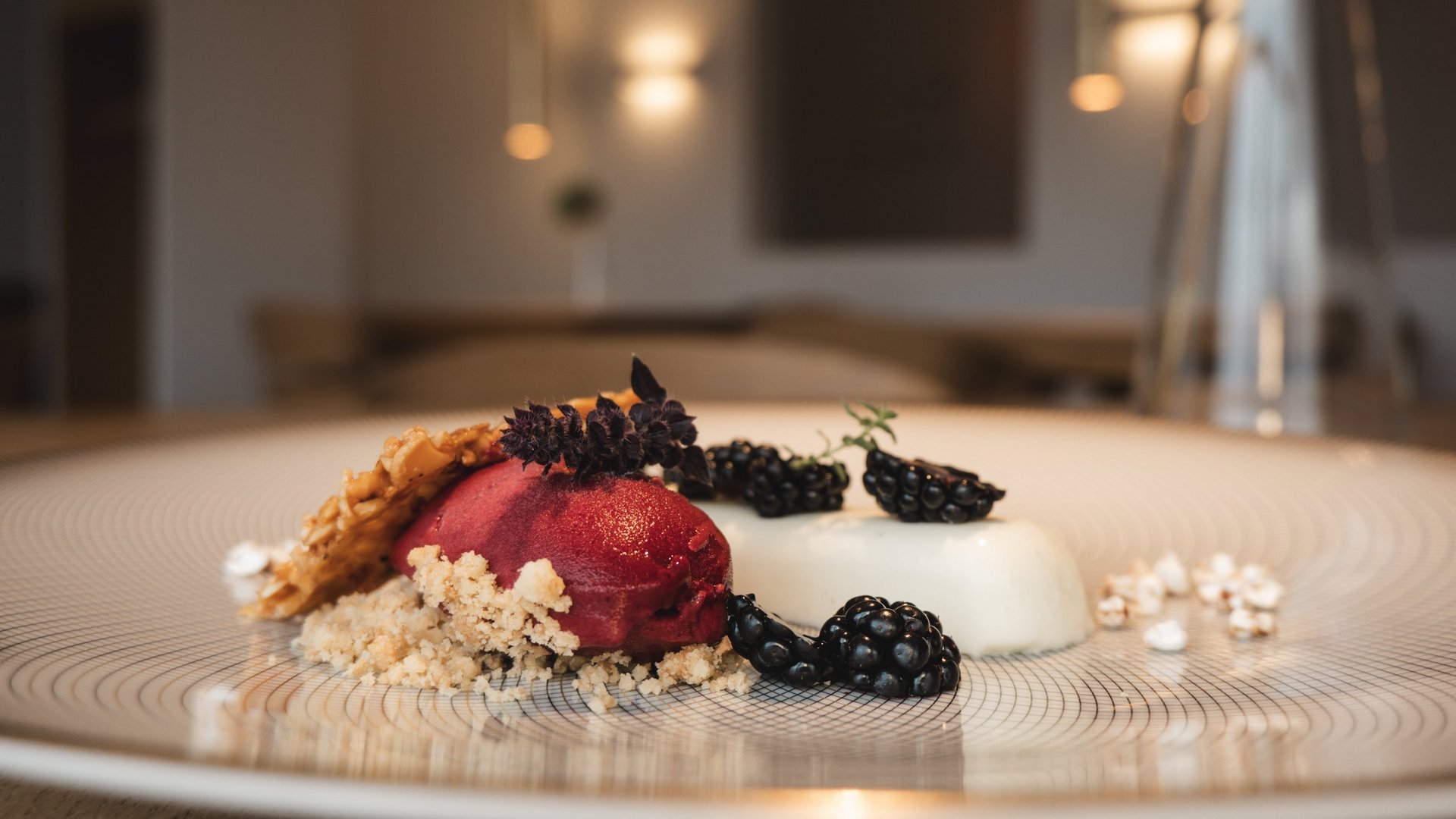 Dessert with red sorbet, white cream, blackberries, and biscuit on plate