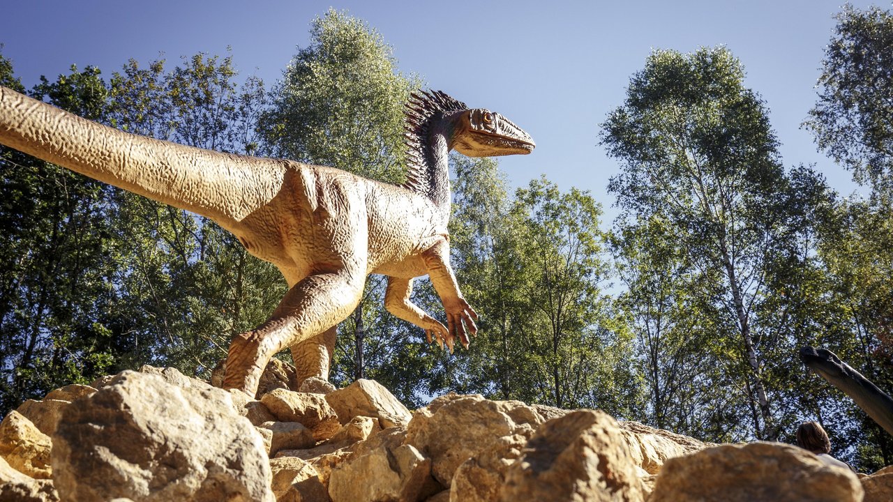 Dinosauriernachbildung im Freien auf Felsen mit Bäumen im Hintergrund