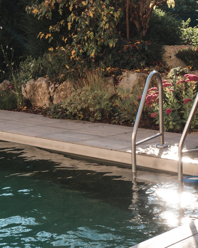 Angebote aus dem Romantik Hotel Hirschen Pool mit Edelstahlleiter und Pflanzen im Hintergrund am sonnigen Tag