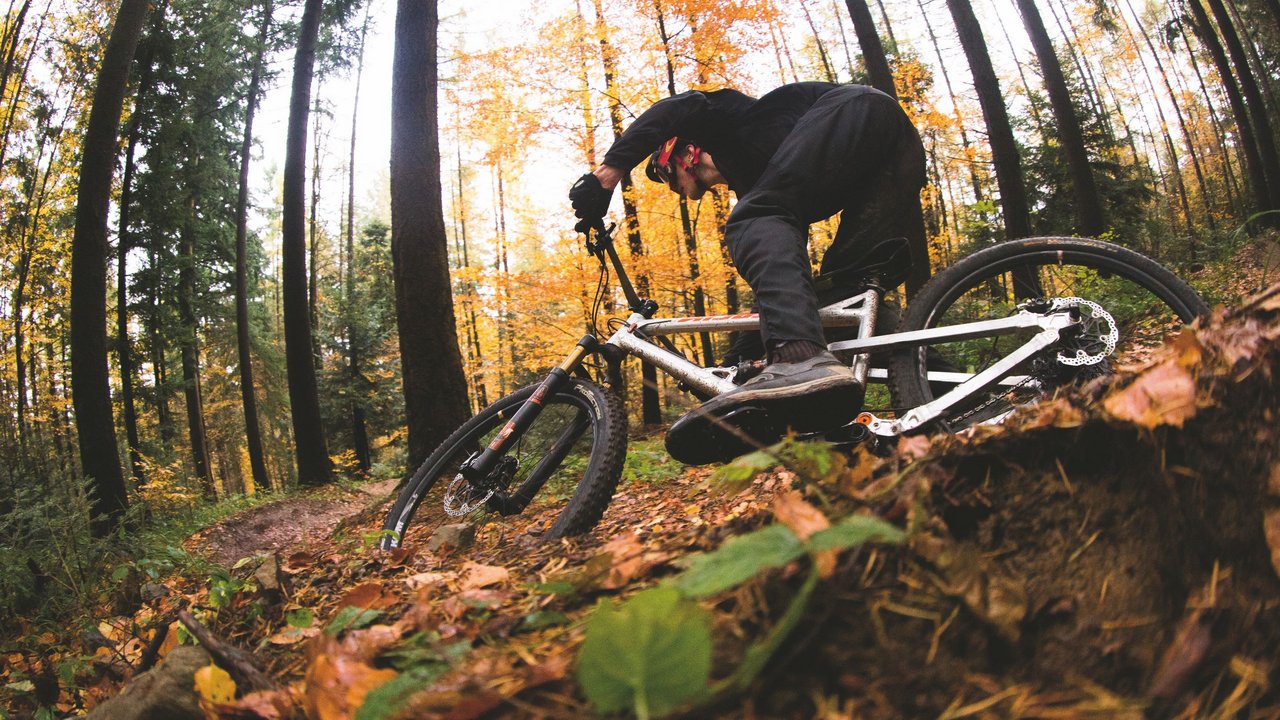 Mountain biker riding on a trail in an autumn forest