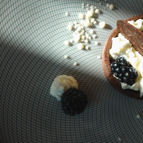 Fine Dining & Gourmet Cuisine in the Upper Palatinate Chocolate tart with cream, blackberries and a piece of chocolate on a plate