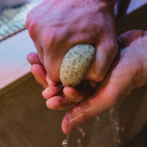 Day wellness in Upper Palatinate Washing hands with a natural sponge over a sink