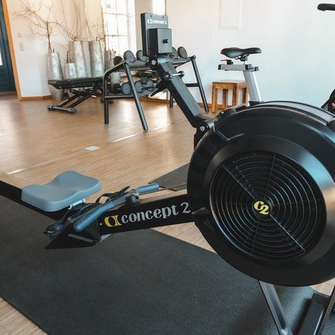 Fitnessraum Concept 2 rowing machine in modern gym on mat