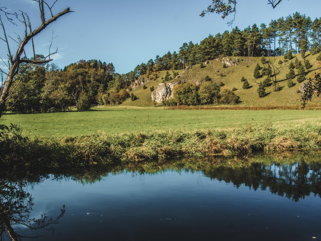 Workation Flussufer mit Wiese, Hügel und Bäumen unter klarem Himmel