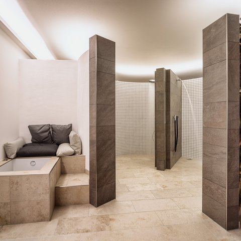 Day wellness in Upper Palatinate Modern spa area with shower, seating nook, and natural wood decoration