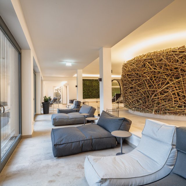 Revel in anticipation Modern lounge area with comfortable cushions and large branch installation