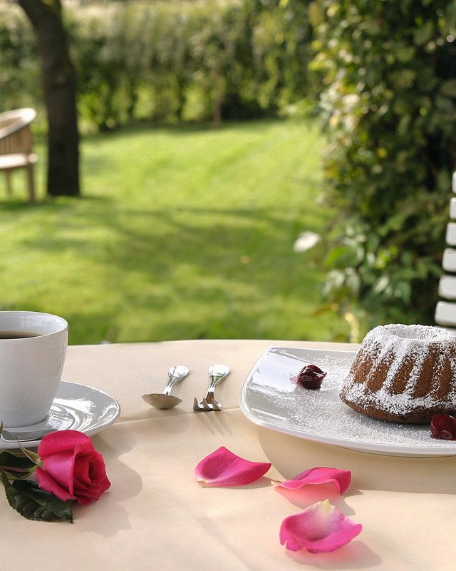 Revel in anticipation Cup of coffee, powdered cake, and rose on a garden table