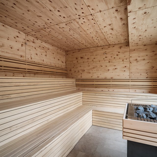 Revel in anticipation Modern sauna room with wooden paneling and stone heater
