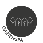 Graphic logo with trees and houses, text Gartenspa