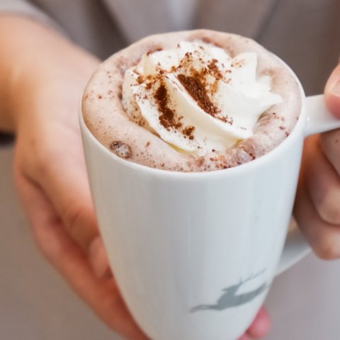 Gasthof Parsberg: Ein Gruß an den guten Geschmack Weiße Tasse mit heißer Schokolade und Schlagsahne wird gehalten