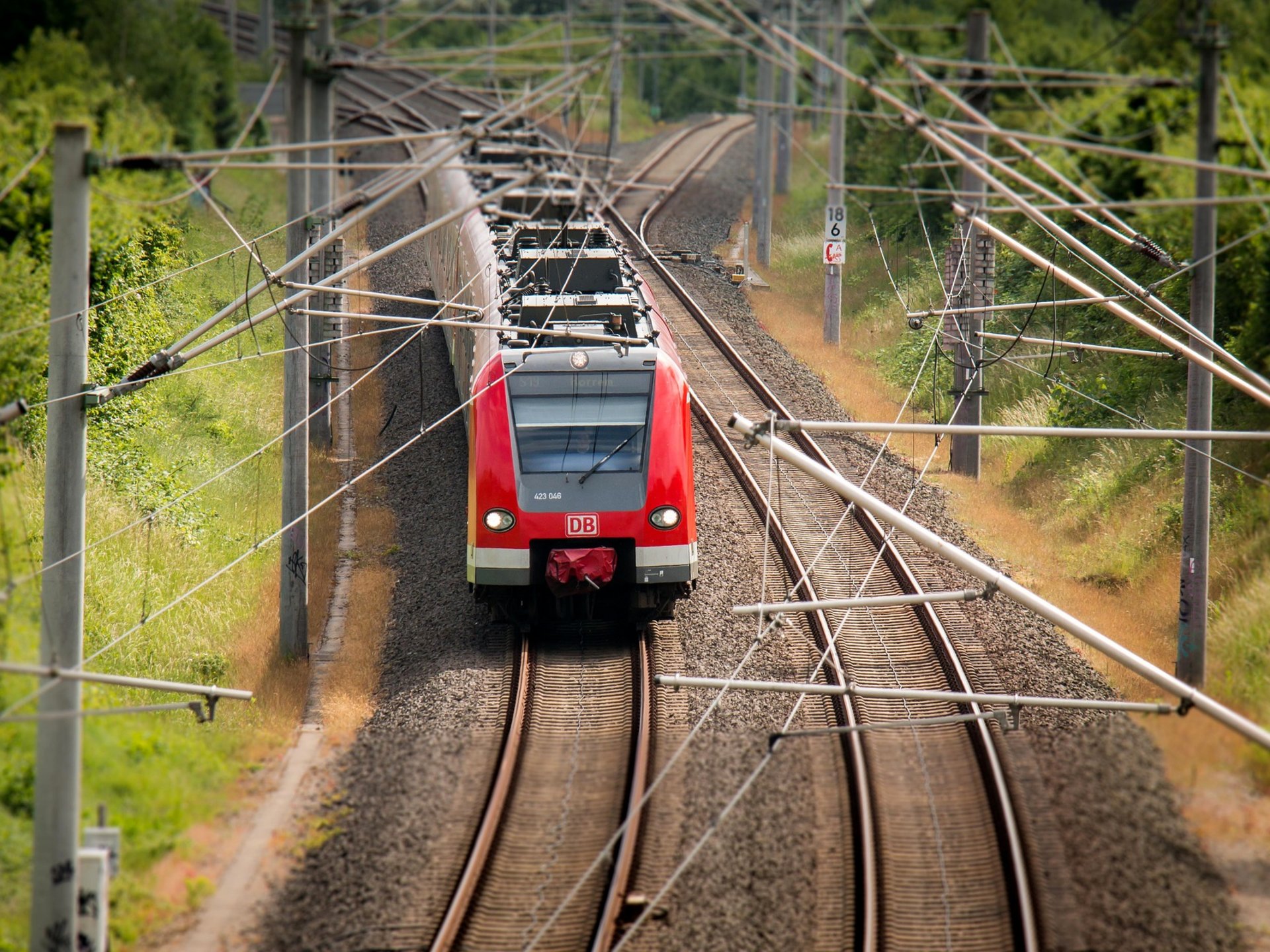 Nachhaltigkeit aus Überzeugung. Roter Regionalzug fährt auf Gleisen durch grünes ländliches Gebiet