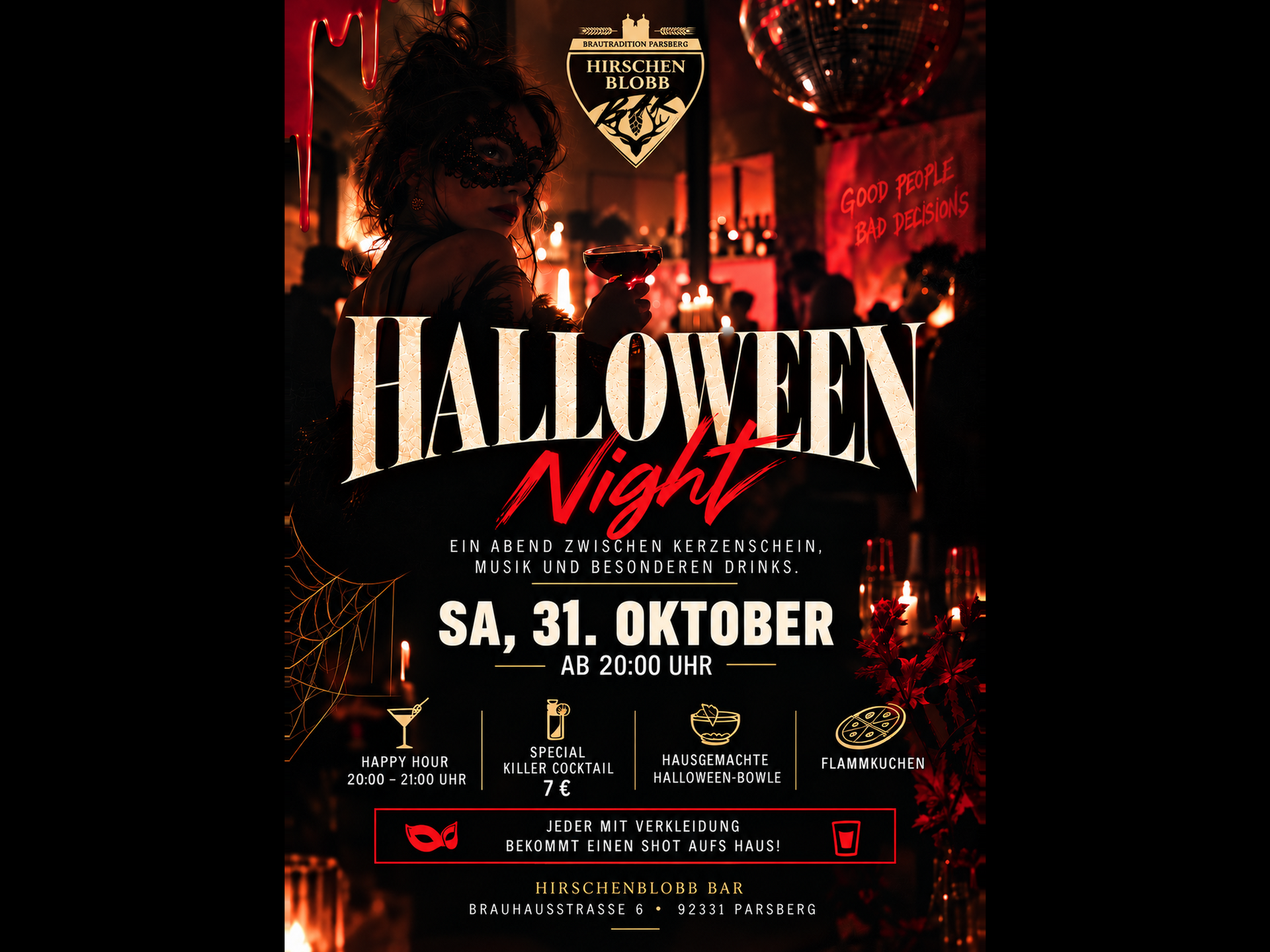Hirschenblobb Bar in Parsberg: Cocktails, Whiskey, and Local Beers Halloween Night poster showing a masked woman with a wine glass in a candlelit bar