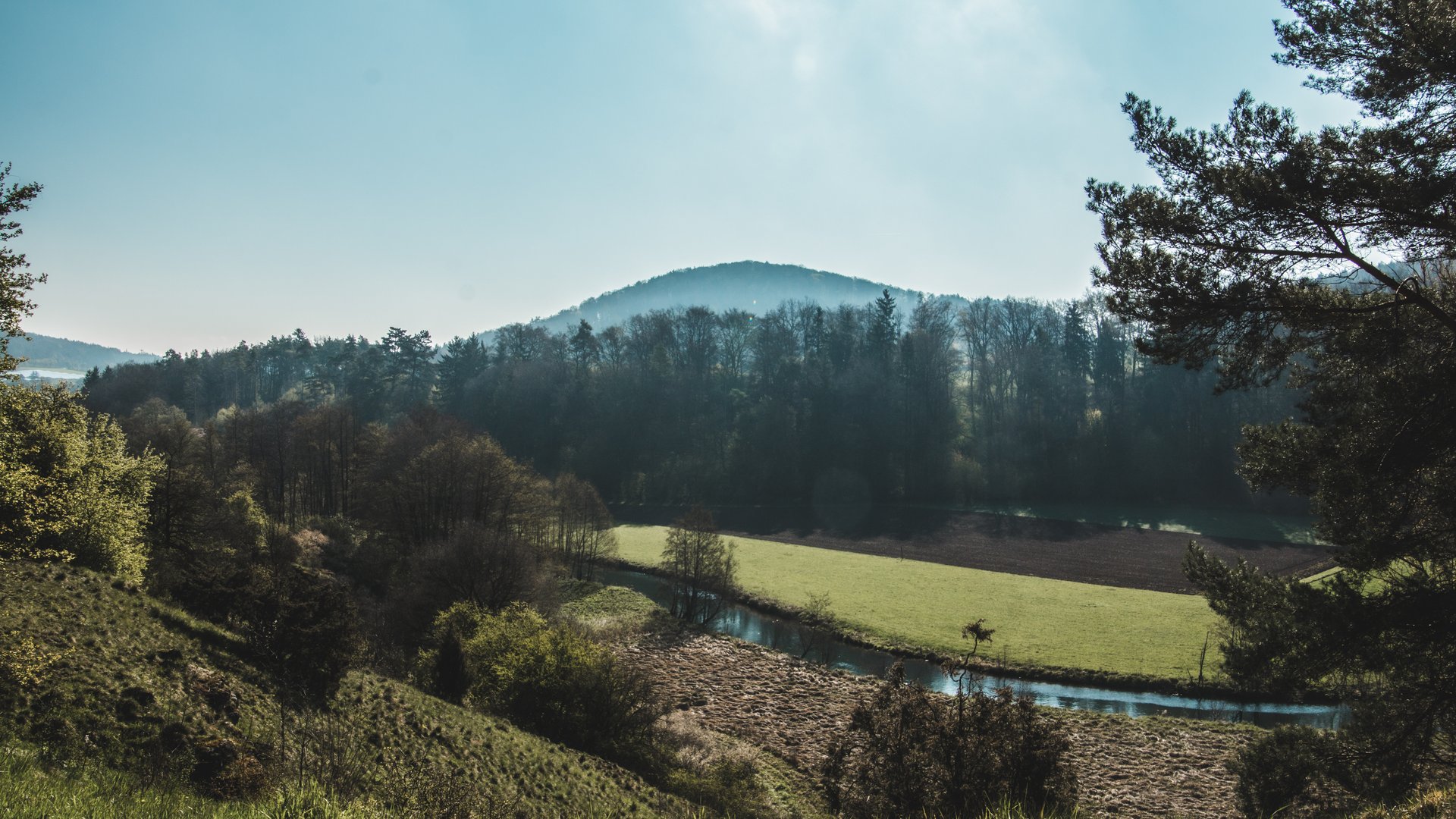 Family hotel Upper Palatinate: There’s so much to experience here! View of a river, meadows, and wooded hills on a clear day
